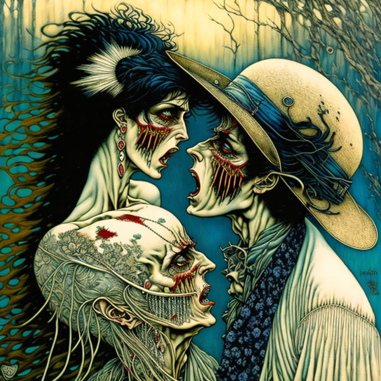 Detailed vintage zombies illustration in vibrant blue and yellow tones