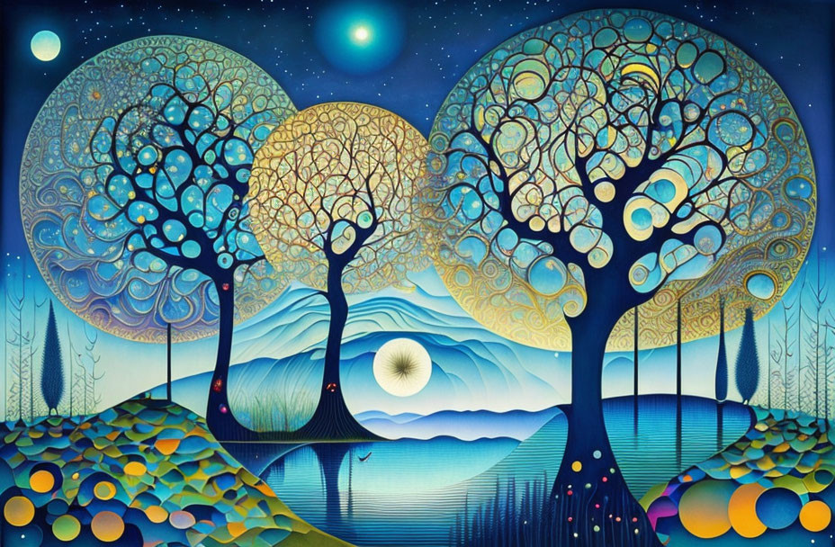 Vibrant, stylized trees in starry night sky above moonlit lake