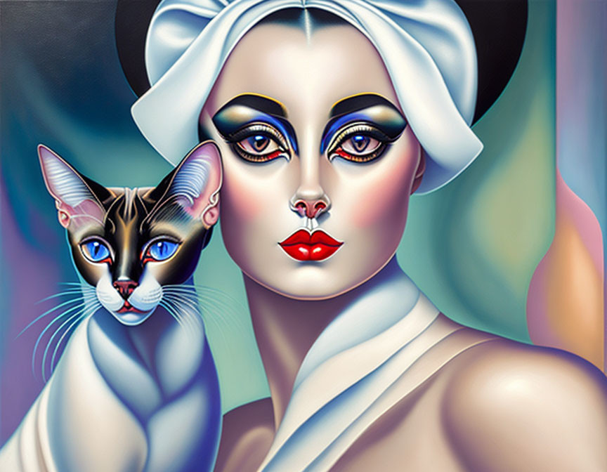 Colorful illustration: woman with dramatic makeup and headscarf next to Siamese cat