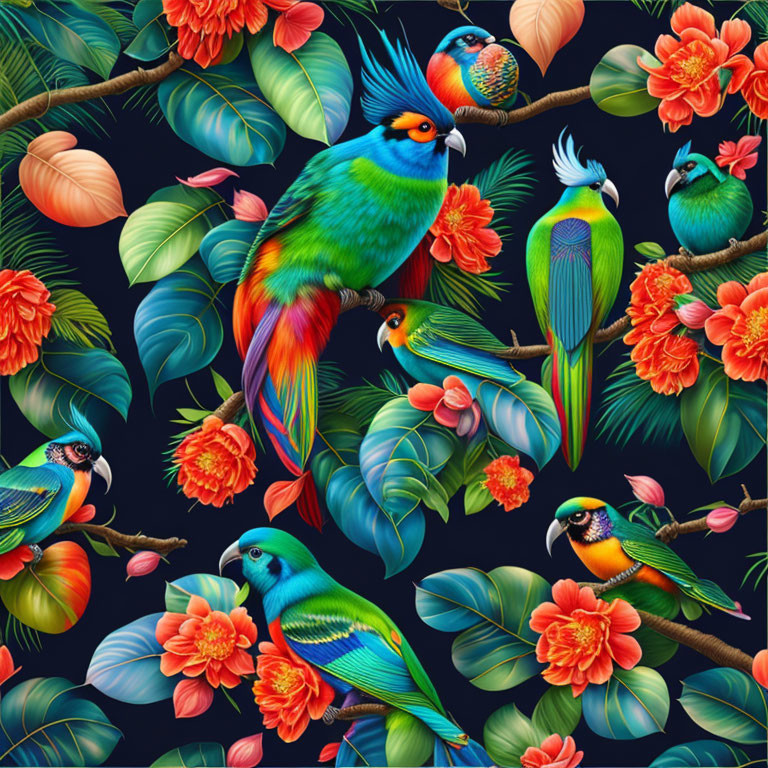 Colorful Birds Perched on Branches in Vibrant Illustration