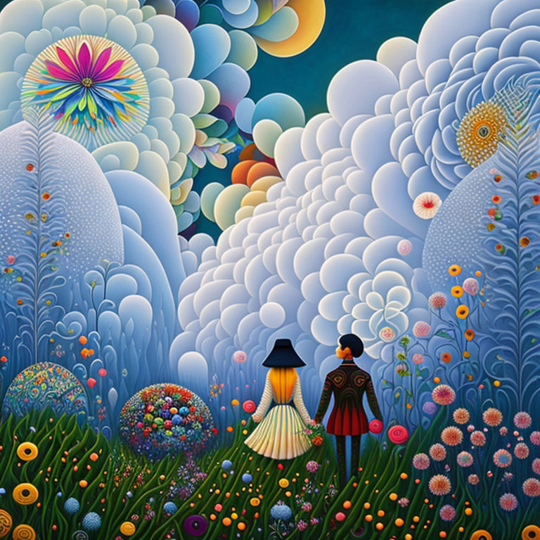 Whimsical painting of two figures in vibrant floral landscape