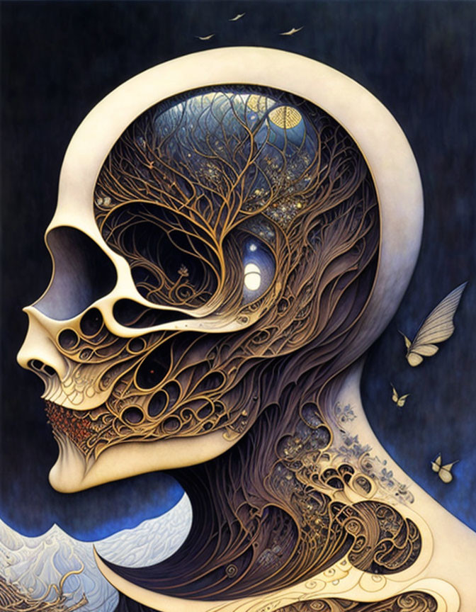 Human profile and skull merge in intricate illustration with trees, patterns, butterflies.