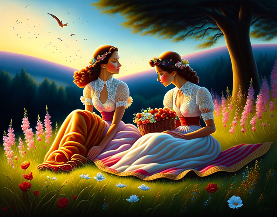 Two Women with Floral Crowns in Meadow at Sunset