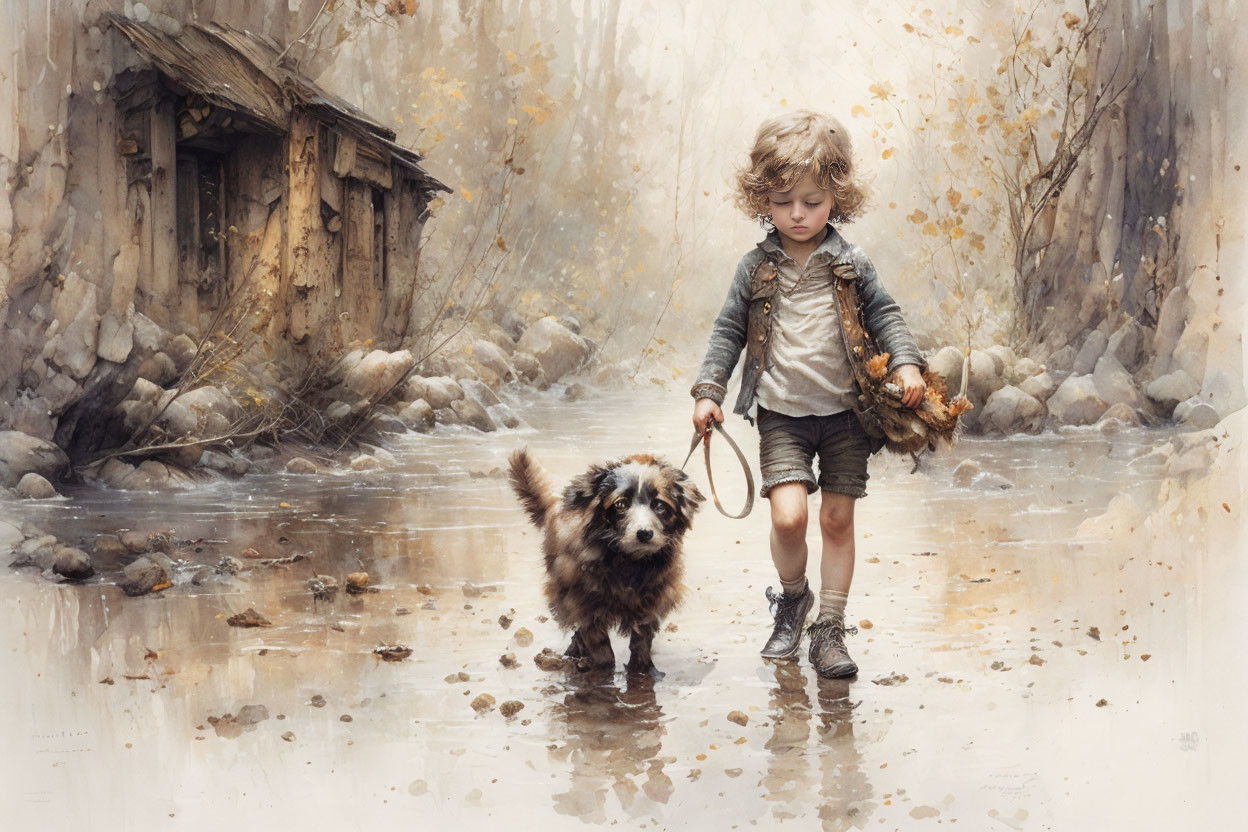 Child and dog walking through puddle in rustic setting.