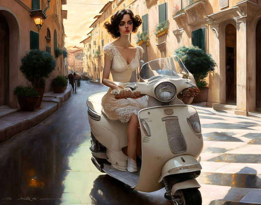 Illustrated woman in vintage dress on classic scooter in sunny European alley