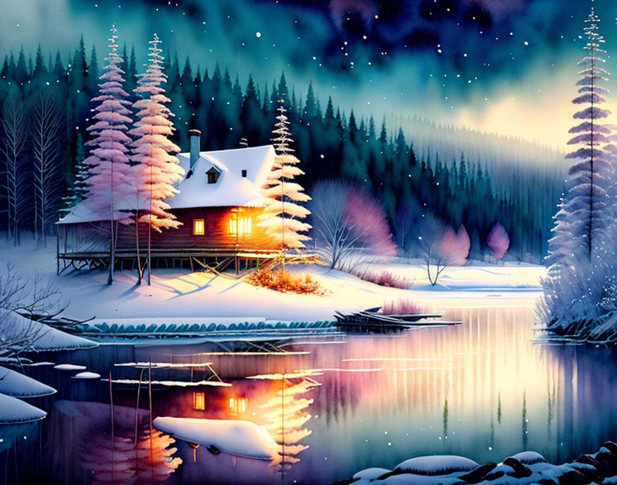 Winter cabin by tranquil lake under starry sky