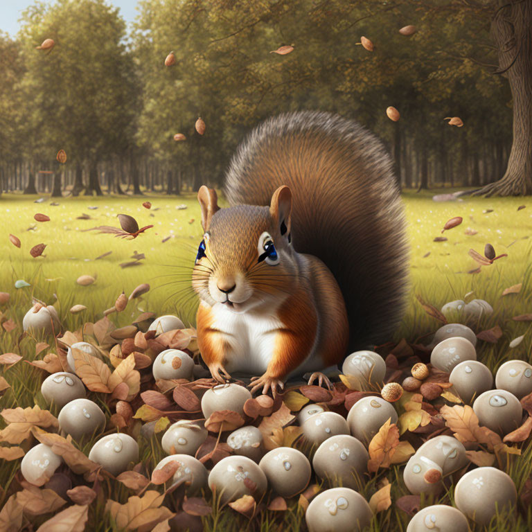 Squirrel in autumn forest with nuts and falling leaves