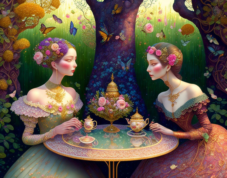 Elegantly dressed women in vibrant forest tea party