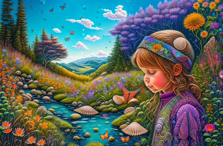 Colorful landscape with young girl, flowers, butterflies, and mountains