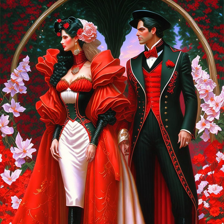 Elaborate Red and Black Formal Attire Couple Illustration