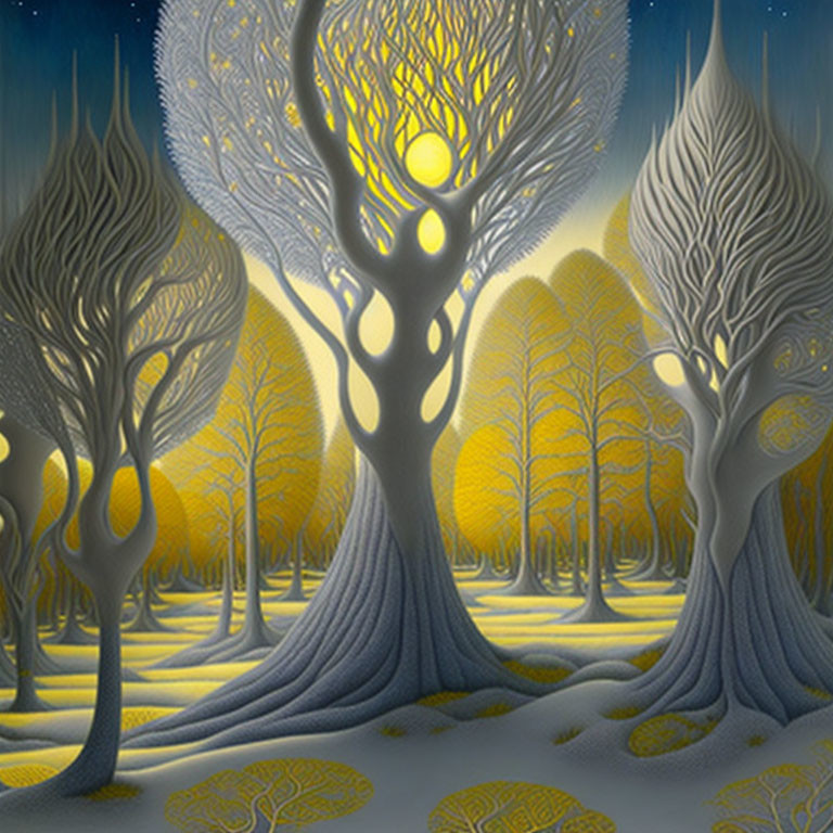 Whimsical forest scene with glowing orbs and starlit sky