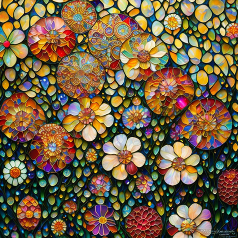 Colorful Stylized Flower Painting on Dark Mosaic Background