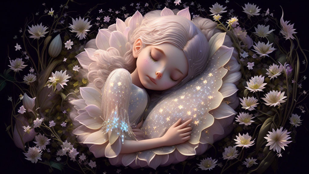 Sleeping fairy surrounded by white flowers and shimmering wings in dark setting