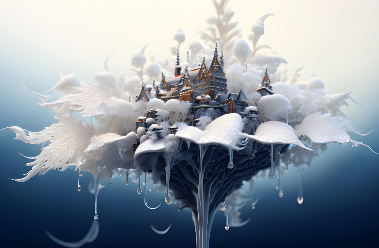 Fantasy floating island with ornate castle and snow-covered trees