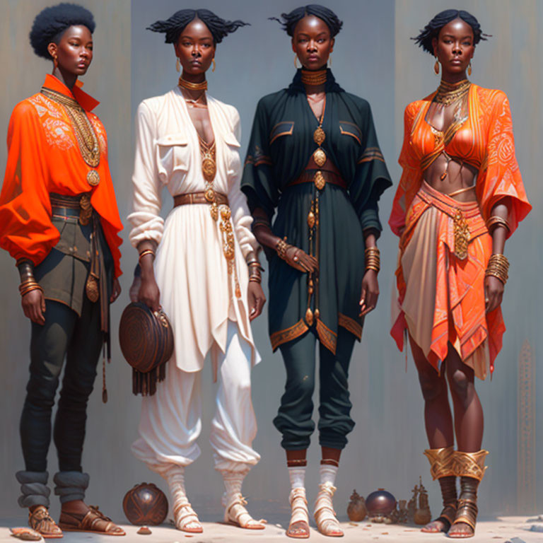 Four Women in Futuristic African-Inspired Attire and Jewelry