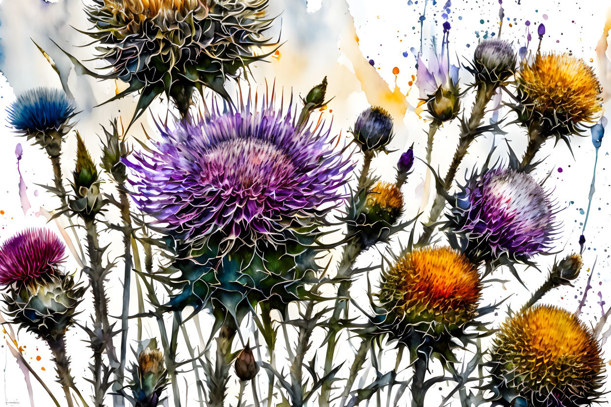 Vibrant thistle flower painting with abstract style