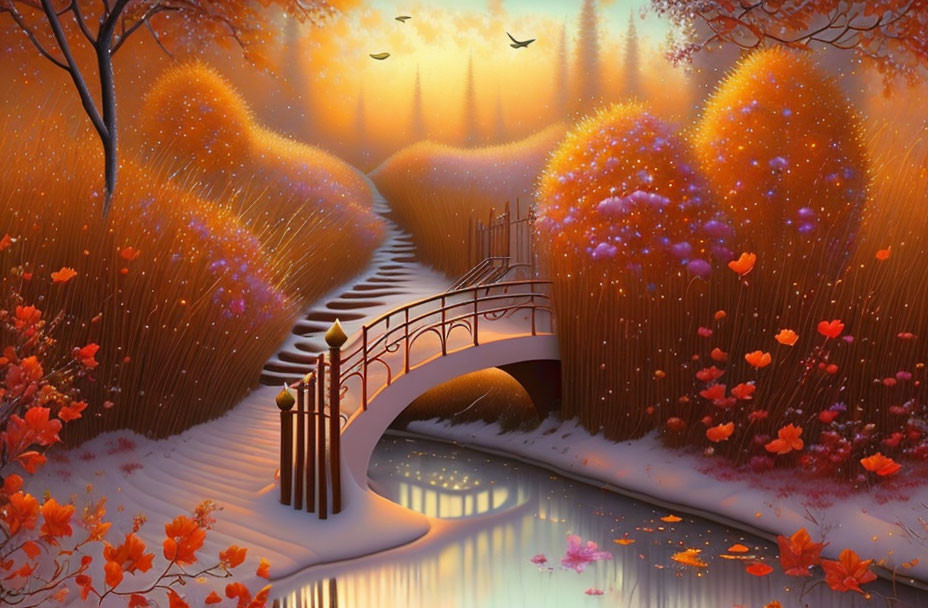 Tranquil river landscape with curved autumn bridge