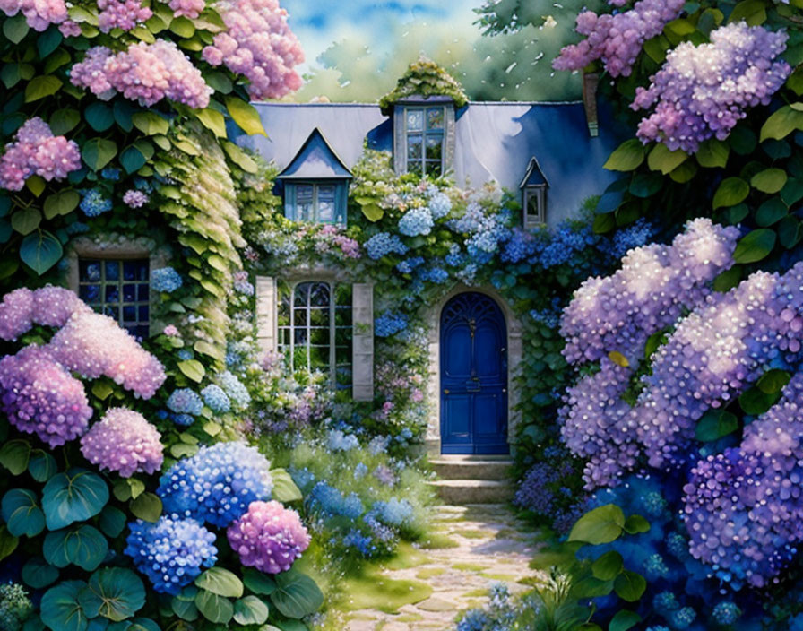 Charming cottage with blue door in serene garden setting