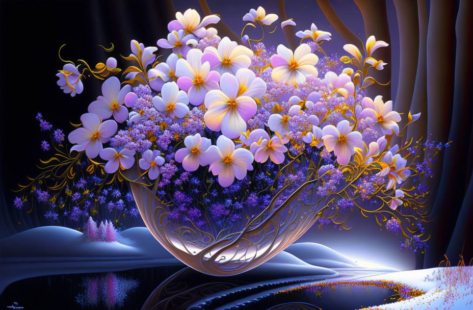 Colorful digital artwork: Luminous flowers in translucent vase, surreal purple background.