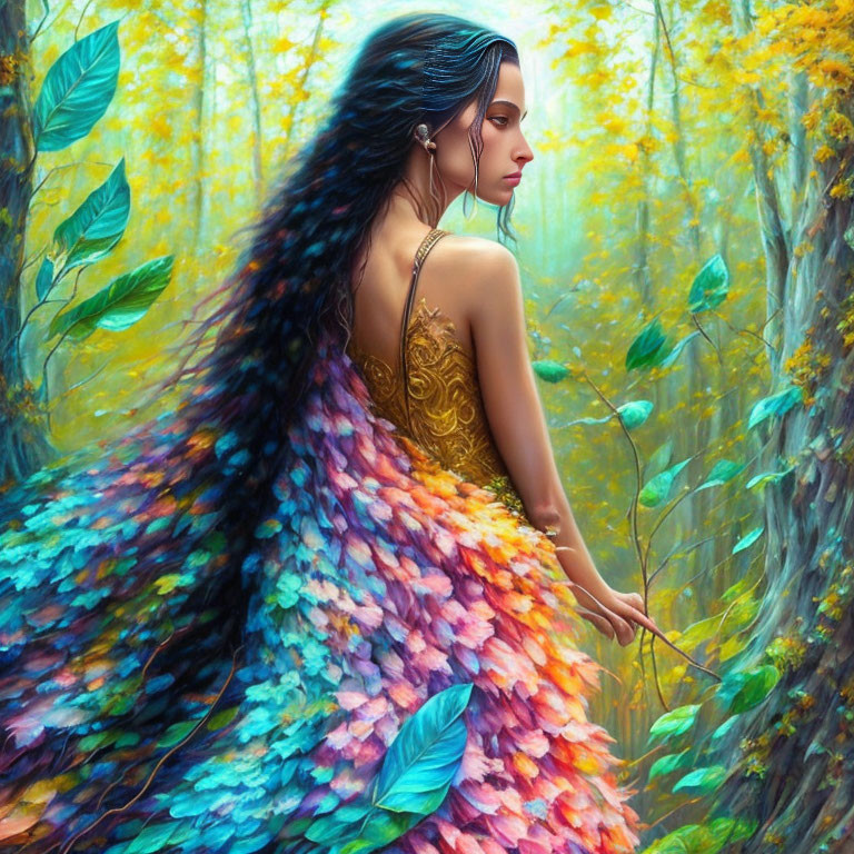 Woman in vibrant leaf-covered dress in yellow woodland