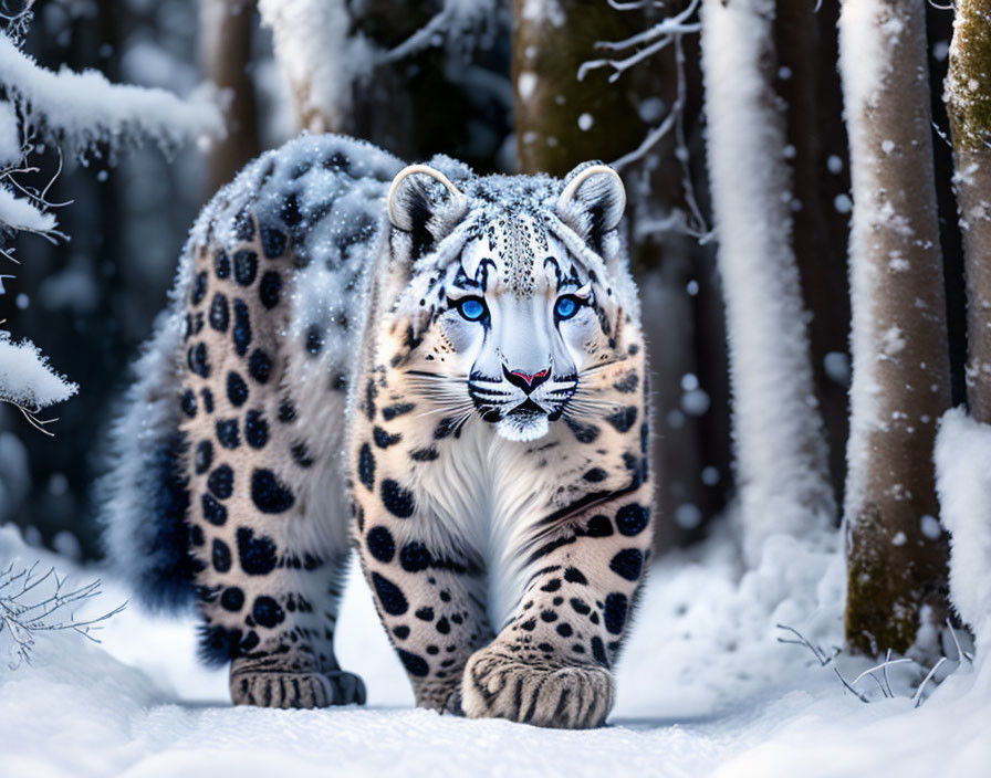 Snow leopard with blue eyes in snowy forest - Spotted coat with snowflakes