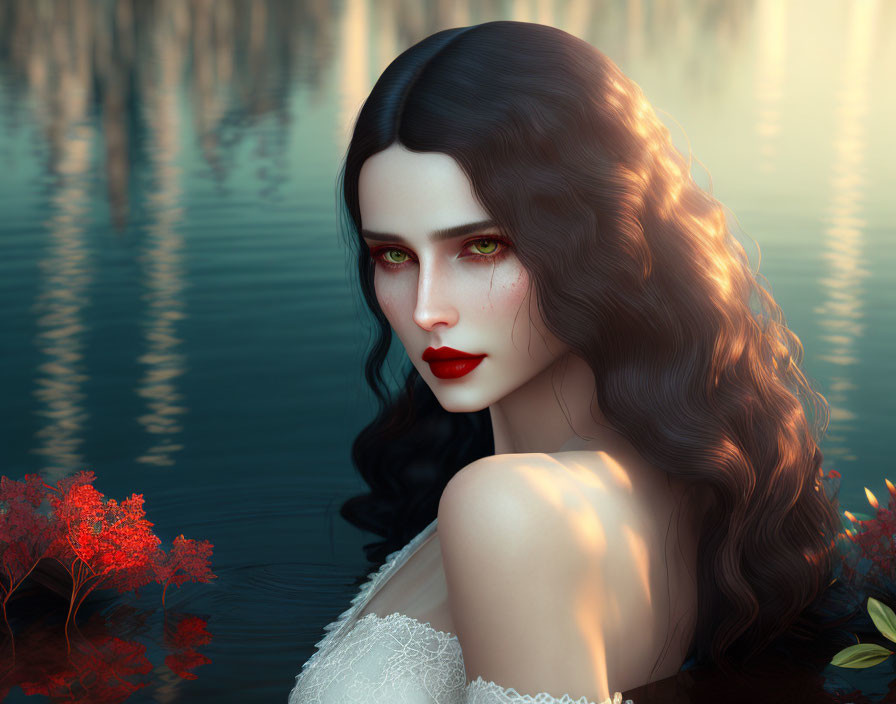 Digital artwork: Pale-skinned woman with dark hair and red eyes in water setting with red foliage