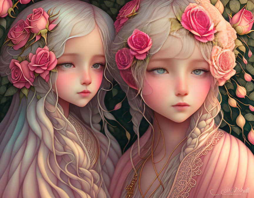 Illustrated girls with pastel hair and pink roses: whimsical and expressive.