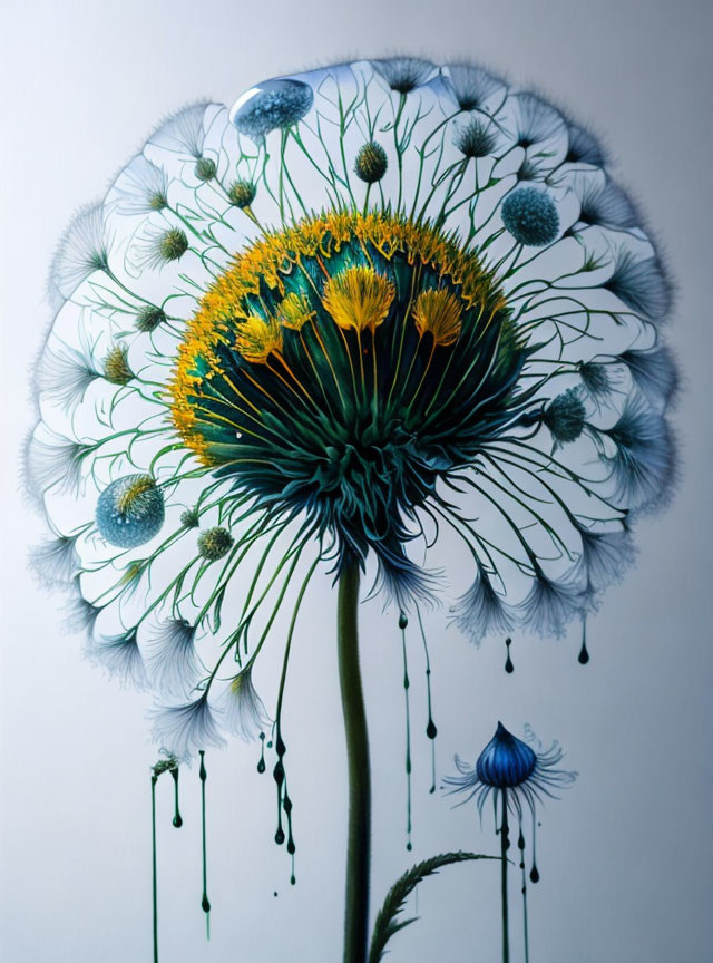 Surreal dandelion illustration with green center and transforming white seeds