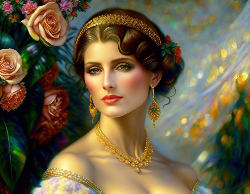 Elegant woman portrait with jewelry and roses in soft-focus setting