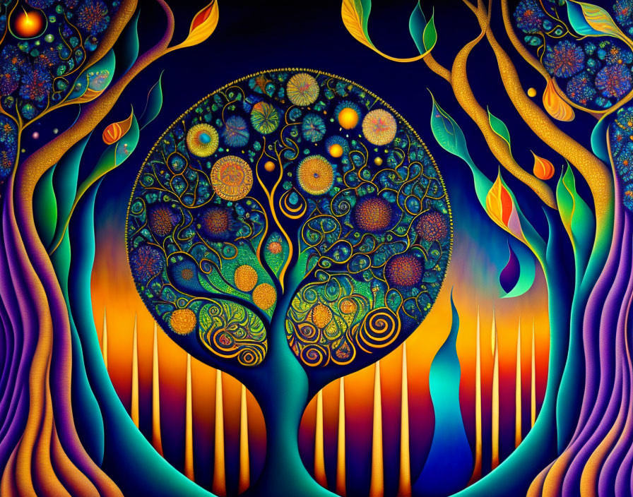 Colorful Stylized Tree Painting with Intricate Patterns