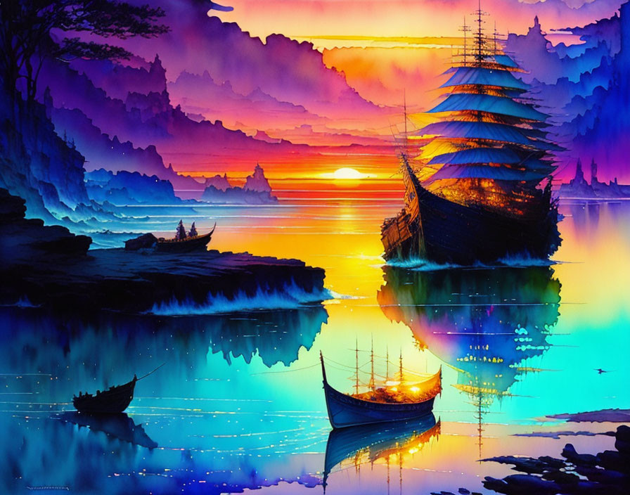 Vivid Ship Painting with Sunset and Mountain Silhouettes