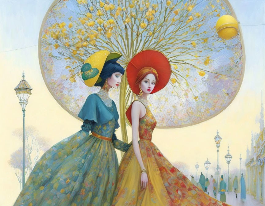 Two women in elegant tree and celestial body hats in whimsical setting