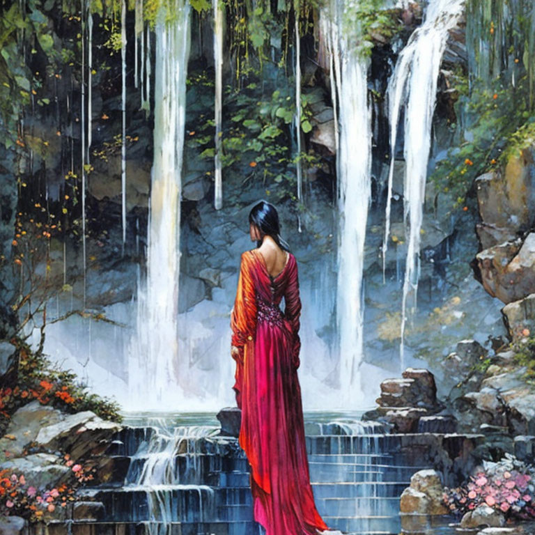 Person in Red Garment Contemplating Serene Waterfall