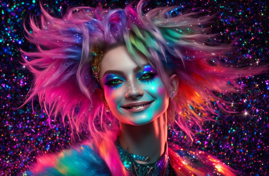 Colorful Hair and Glitter Makeup Portrait on Sparkling Bokeh Background