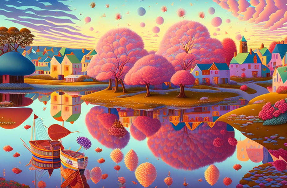 Colorful Landscape with Pink Trees, Houses, and Serene Lake