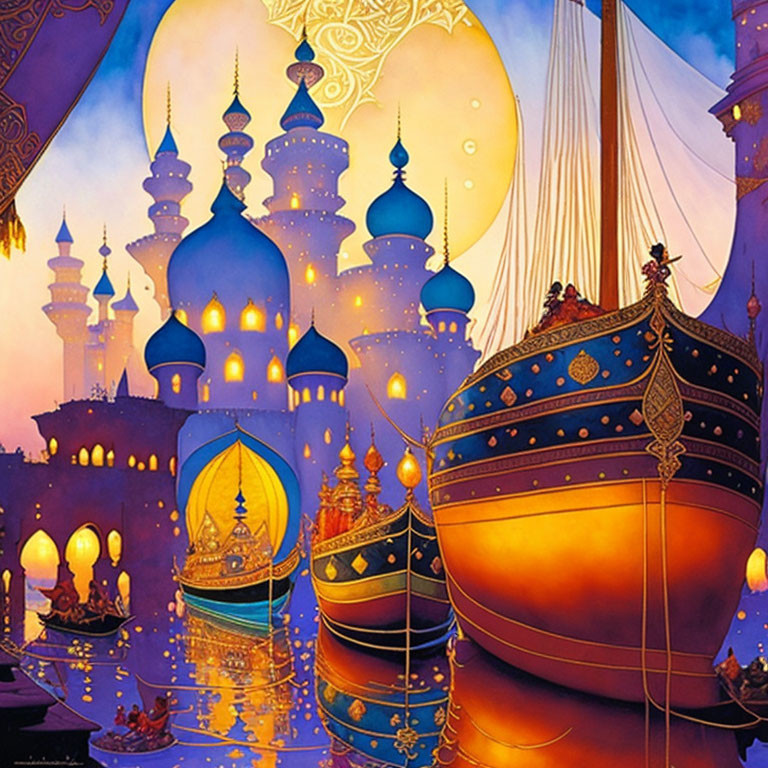 Magical Arabian Nights Cityscape with Moon and Boat