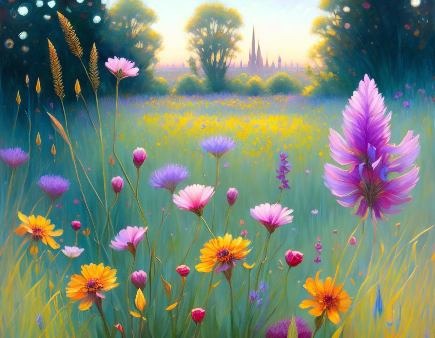 Colorful blooming meadow painting with sunset-lit background