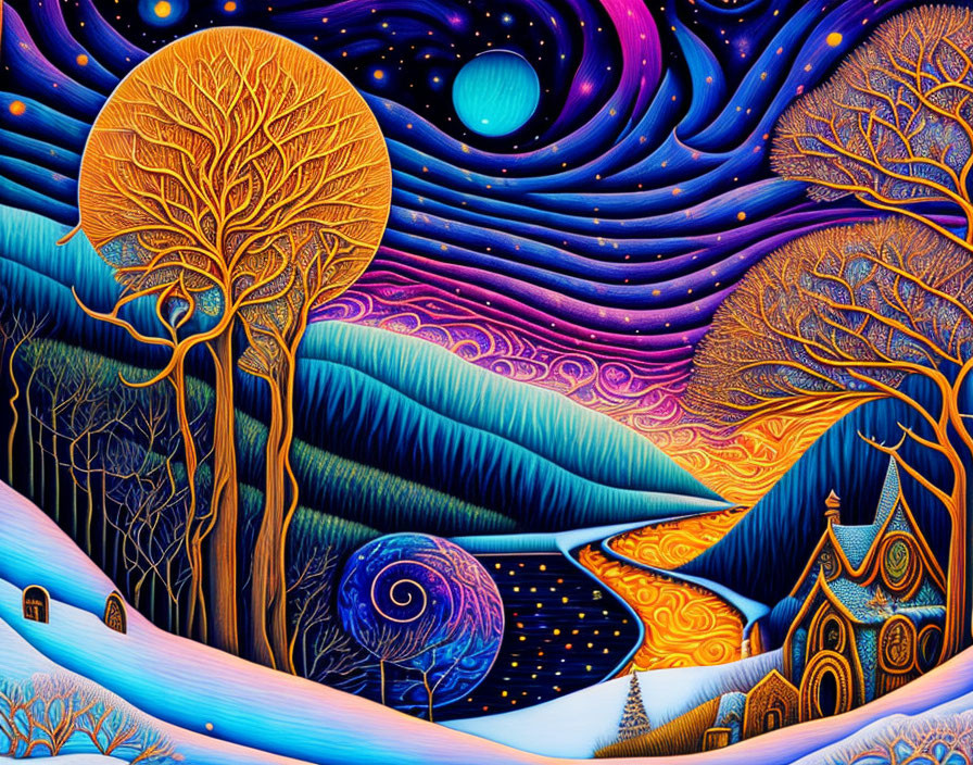 Colorful landscape with swirling patterns, starry sky, whimsical trees, and quaint house.