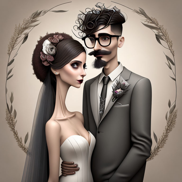 Wedding couple illustration: bride in white dress, groom in gray suit