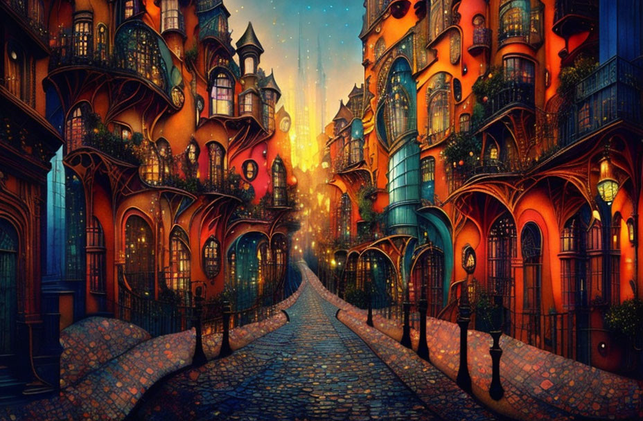 Colorful cobblestone street with whimsical houses under warm glowing light