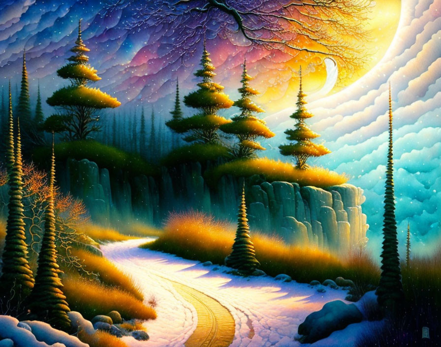 Fantastical landscape with crescent moon and glowing sky