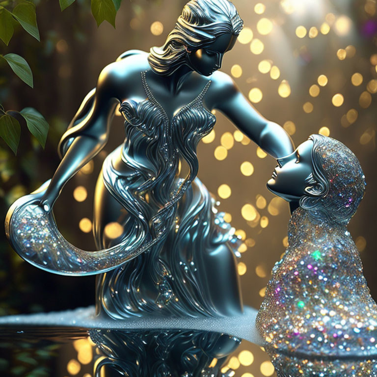 Fantastical digital artwork of glittering statues in tender pose