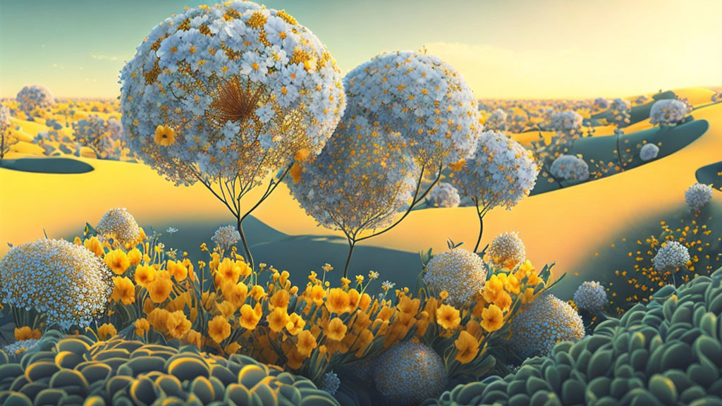 Fantasy landscape with oversized dandelion-like flowers and yellow bloom fields