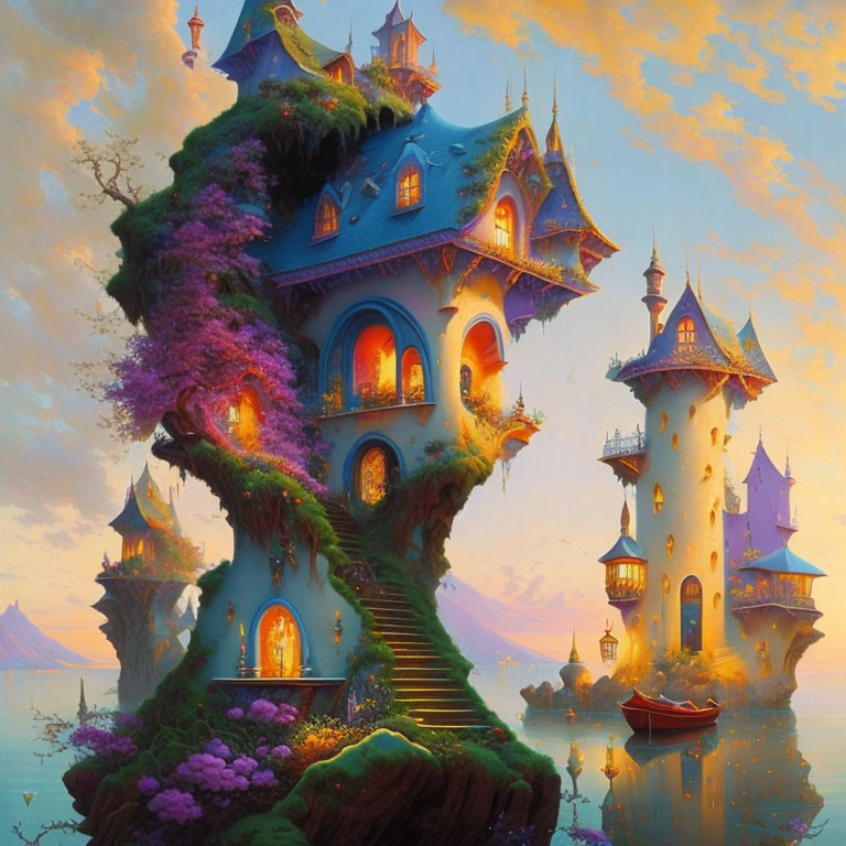 Whimsical fairytale castle on tree with boat and flowers