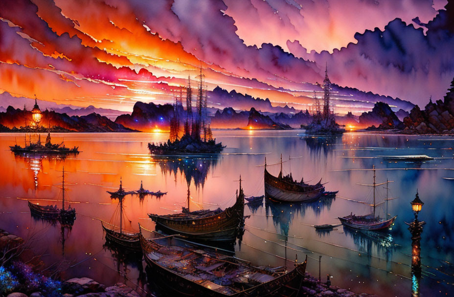 Surreal landscape with boats on tranquil waters under dramatic sky