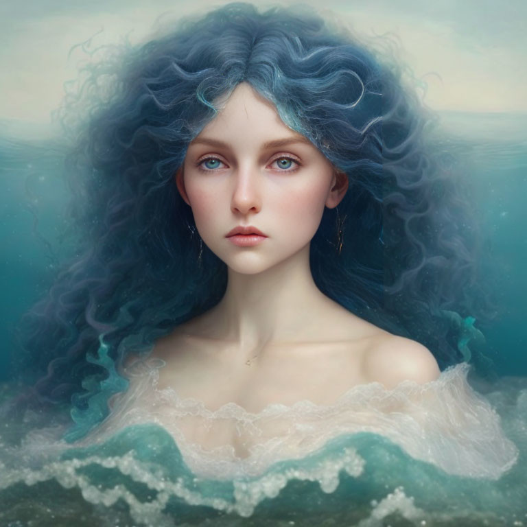 Portrait of woman with wavy blue hair and vivid eyes in misty water setting