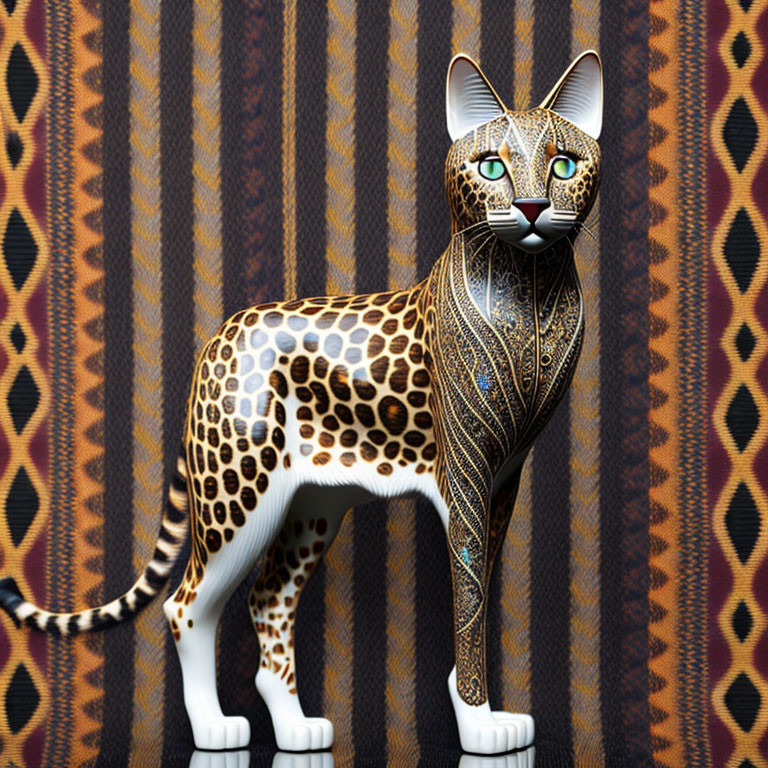 Artistic Cat with Leopard-Like Spots and Gold Detailing on Striped Background