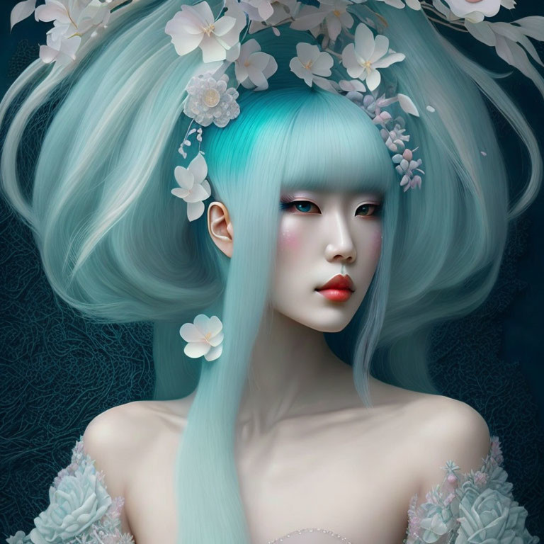 Surreal portrait of woman with aqua-blue hair and white blossoms in floral background