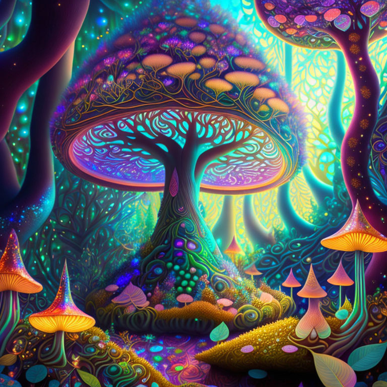 Colorful Psychedelic Fantasy Forest Illustration with Glowing Mushrooms