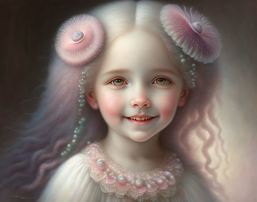 Fantasy portrait of gentle girl with pearl-like features and seashell adornments